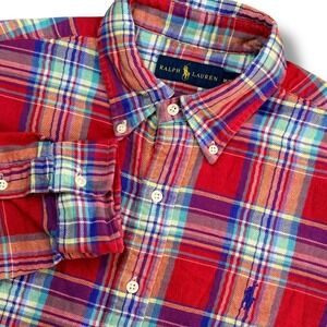 Ralph Lauren Button Down Shirt Men Medium Red Multi Plaid Pony Logo Long Sleeve